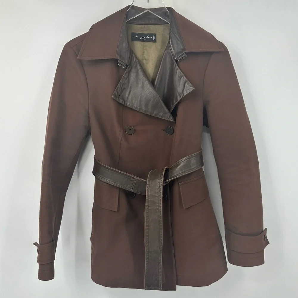 Kenneth Cole New York Midi Trench Coat Womens 42 6 Brown Belted Collar